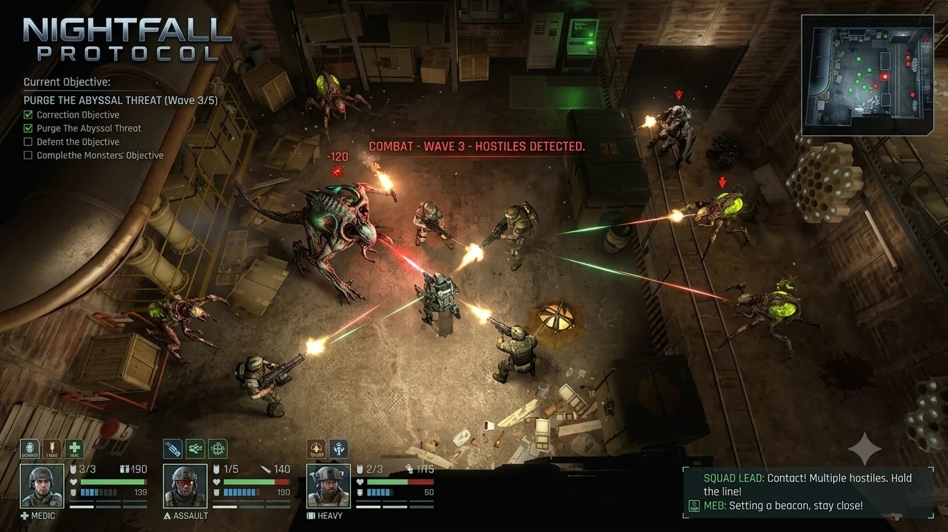 Nightfall Protocol gameplay — a squad fighting alien hostiles in an industrial loading dock